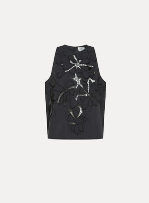 en fleur embroidery cotton top, nero