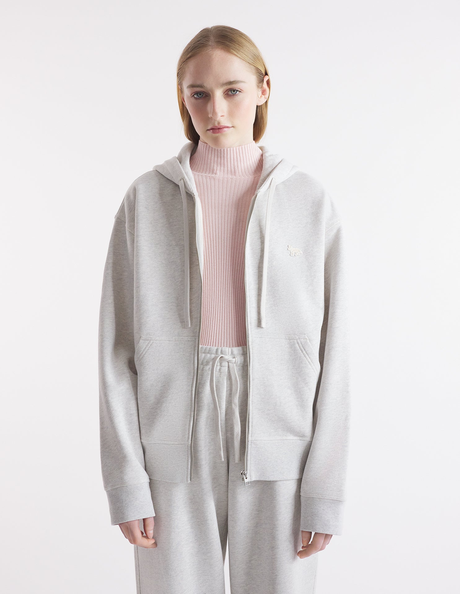 Baby fox patch zipped hoodie, light grey mélange