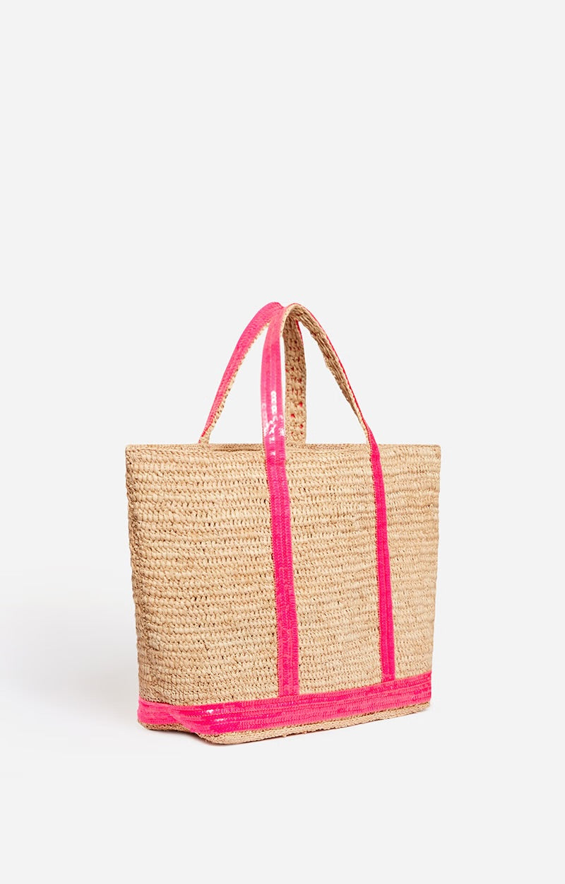 Medium raphia tote, fluo pink